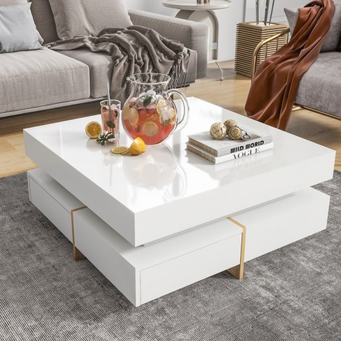 Modern High Gloss Coffee Table With 4 Drawers, Multi-Storage Square Cocktail Tea Table,Center Table,abstract,white,31.5in,2.63ft - image 1 of 4