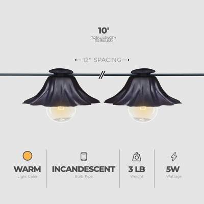 Clear Glass Incandescent Outdoor String Lights with Black Metal Shades