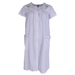 Elegant Emily Women's Gingham Button Down Duster with Floral Detailing - 1 of 3