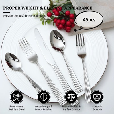 DOMETOUR 45pcs Stainless Steel Silverware Set Flatware Cutlery Set Service for 8, Includes Forks Spoons Steak Knives