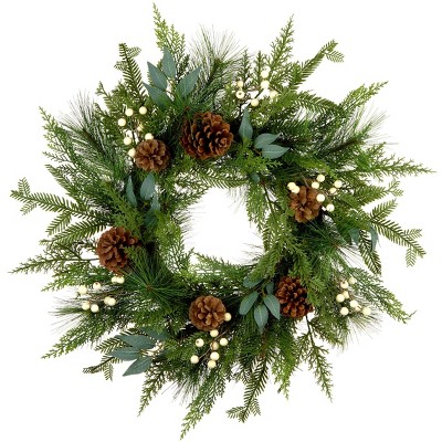 24" Unlit Evergreen Artificial Wreath with Pine Cones & Cream Berries - National Tree Company