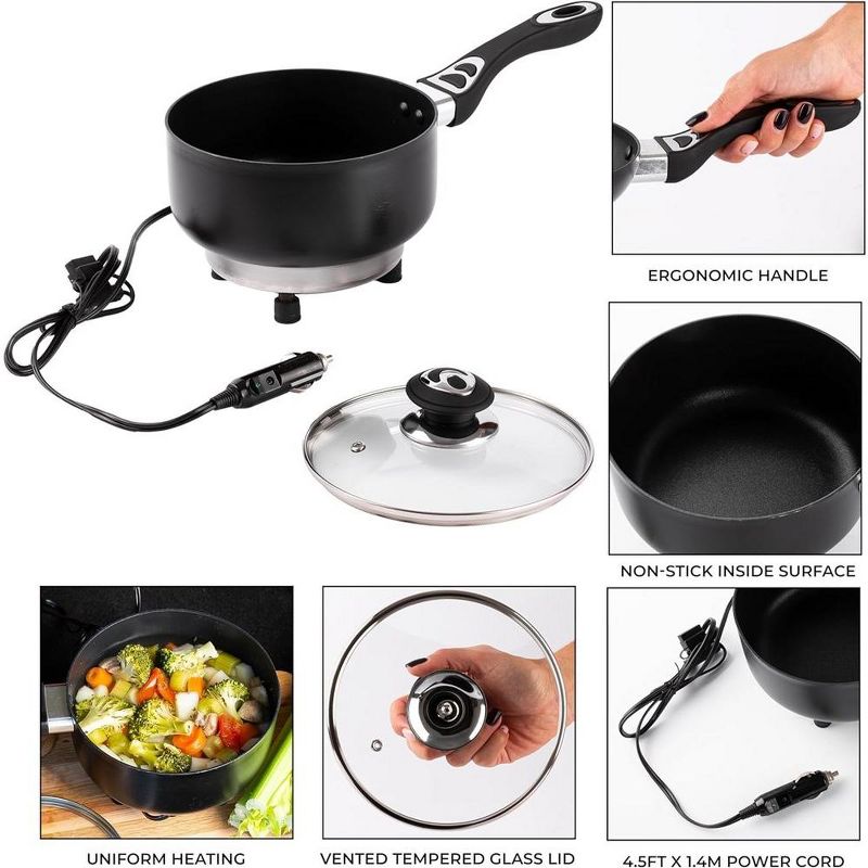Zone Tech 12V Frying Pan and Saucepan Set with Glass Lids, Portable Non-Stick 7.5-inch Pan and 2-Quart Pot, Stay-Cool Handles, Rapid Heat Up, Portable, 2 of 10