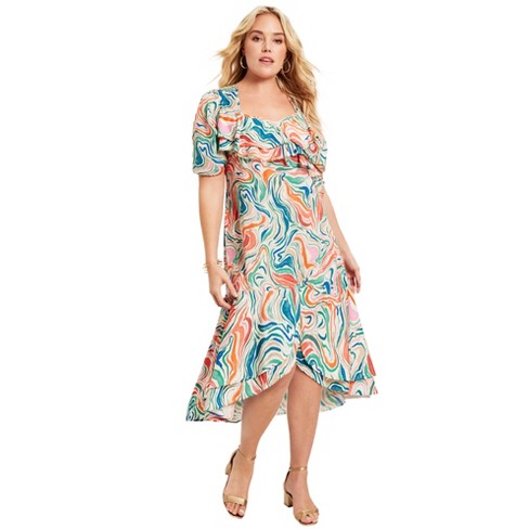 June + Vie Roaman's Women's Plus Size Printed Midi Dress, 22/24 - Multi Watercolor Marble Target