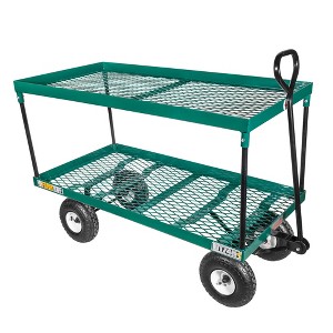FARM-TUFF Durable Metal Double Deck Garden Wagon Utility Shop Cart with Pneumatic Tires for Outdoor Hauling, Green - 1 of 2