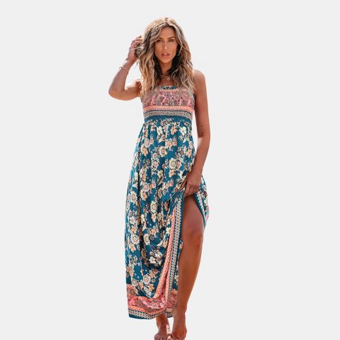 Женские платья Cupshe Women's Boho Chic Floral Print Maxi Dress with Smocked Bodice-S-Blue&Pink