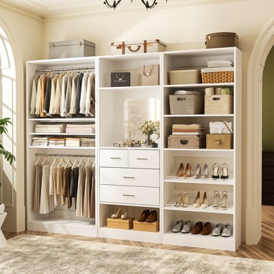 Aheaplus Walk-In Corner Closet System with Mirror, Freestanding Closet Organizer with Drawer and Shelves