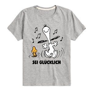 Boys' Peanuts Snoopy and Woodstock Be Happy German Short Sleeve Graphic T-Shirt - Athletic Heather - Small - 1 of 4