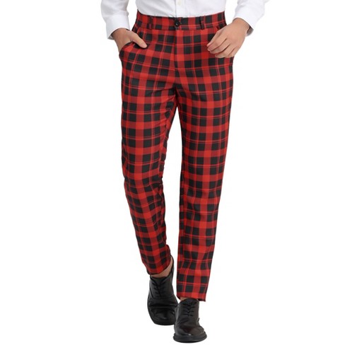 Lars Amadeus Men's Plaid Regular Fit Flat Front Classic Elastic Waist Suit  Pants Red 30
