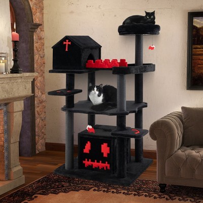 Gothic Black and Red Plush Cat Tree Tower with Coffin Bed