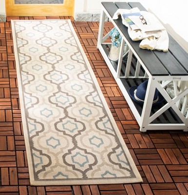 Beige and Aqua Geometric Pattern Outdoor Runner Rug