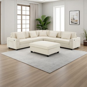 128" Chenille U-Shaped Sectional Sofa with Ottoman & Cup Holders - 1 of 4