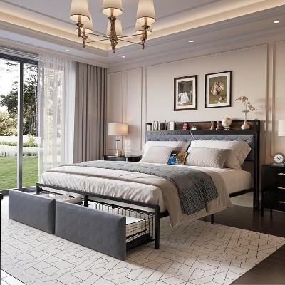 King LED Bed Frame with Headboard Upholstered Platform Bed with Charge Station and Storage Drawers Heavy Duty Metal Slats No Box Spring Needed Gray