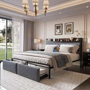 King LED Bed Frame with Headboard Upholstered Platform Bed with Charge Station and Storage Drawers Heavy Duty Metal Slats No Box Spring Needed Gray - 1 of 4