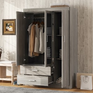 TIRAMISUBEST 3-Door Mirrored Wardrobe Closet with Storage Shelves and Hanging Rod, Modern Bedroom Armoire Clothes Organizer with 2 Drawers and Mirror - 1 of 4
