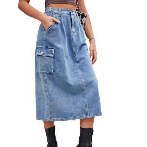 Clearlove Women's Jean Skirt Stretch Denim Midi Skirt with Pockets - 1 of 4