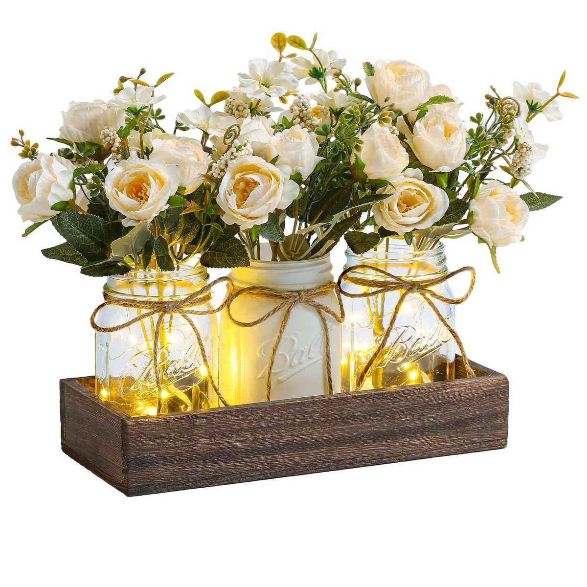 3 PCS Mason Jar Centerpiece for Table with Artificial Flowers, Coffee Table Decor with Wood Tray, Summer Decoration For Dining Room Kitchen - thumbnail 7
