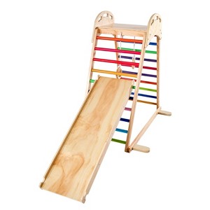 VEVOR Indoor Playground Jungle Gym, 4-in-1 Wooden Indoor Playground Playset with Climbing Rock, Slide, Wooden Ladder & Gym Rings, 220LBS, Multicolor - 1 of 4