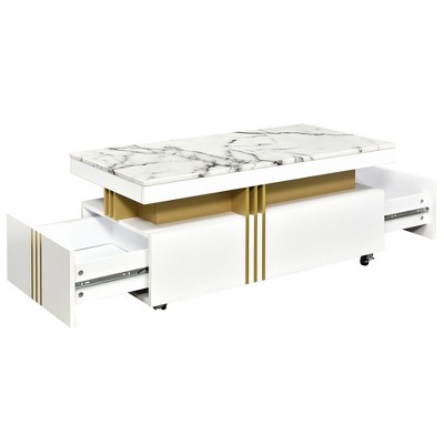 NicBex Modern 39.3" Rectangle Coffee Table with 2 Storage Drawers, Caster Wheels and Gold Bars for Living Room