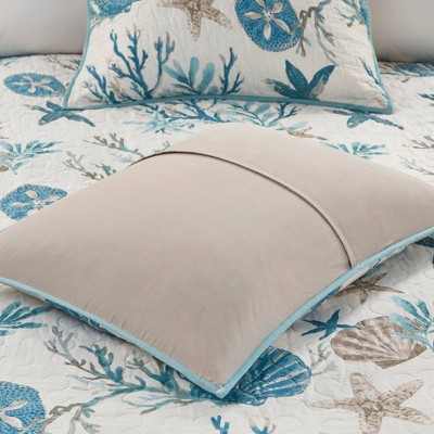 King Aqua Cotton Reversible Coastal Quilt Set