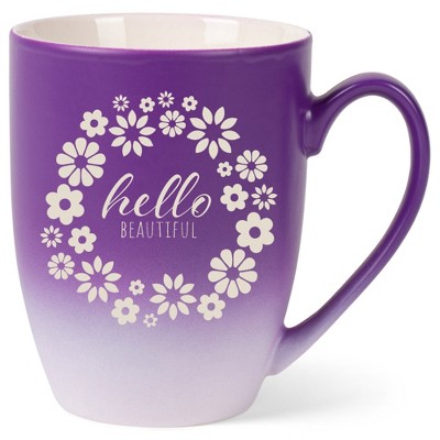 Elanze Designs Flower Wreath Hello Beautiful 12 Ounce Ceramic Laser-Etched Engraved Drinkware Mug, Purple and White Ombre