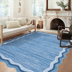 Scalloped Rug with Non Slip Backing, Low Pile Foldable Bordered Mats for Living Room, Bedroom - 1 of 4