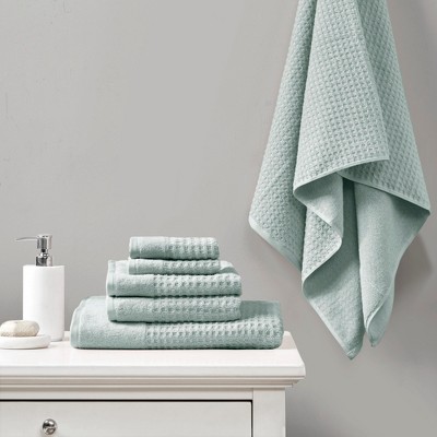 6Pcs 100% Cotton Solid Color Bath Towel Set, Anti-Microbial Certified Waffle Jacquard Quick Dry Bath Towel