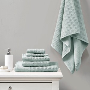 6Pcs 100% Cotton Solid Color Bath Towel Set, Anti-Microbial Certified Waffle Jacquard Quick Dry Bath Towel - 1 of 4