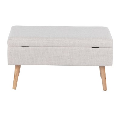 Beige Linen Upholstered Storage Bench with Natural Wood Legs