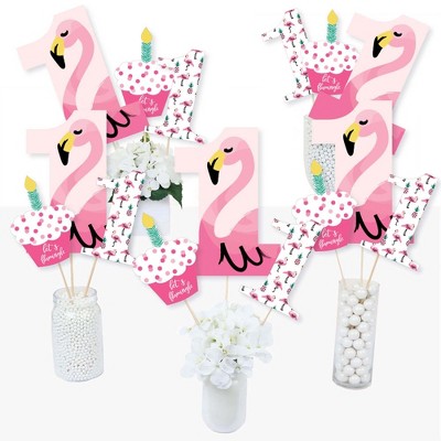 Big Dot of Happiness 1st Birthday Pink Flamingo - Party Like a Pineapple - Tropical First Birthday Party Centerpiece Sticks - Table Toppers Set of 15