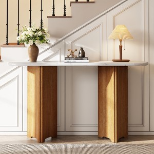 Narrow Console Table, Entryway Table with Oval Faux Marble Top, Rustic Sofa Table with Curved Legs, Hallway Accent Table for Living Room - 1 of 4