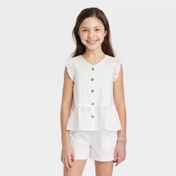 Girls' Button-Front Woven Eyelet Sleeveless Shirt - Cat & Jack™ White L