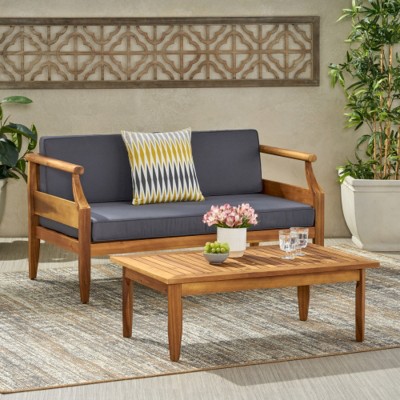 2-Piece All-Weather Wood Patio Conversation Set with Cushions, Loveseat and Coffee Table for Outdoor Deck or Small Backyard-The Pop Home