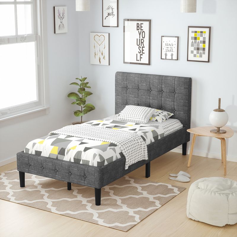 Costway Twin Upholstered Bed Frame Button Tufted Headboard Mattress Foundation, 2 of 11