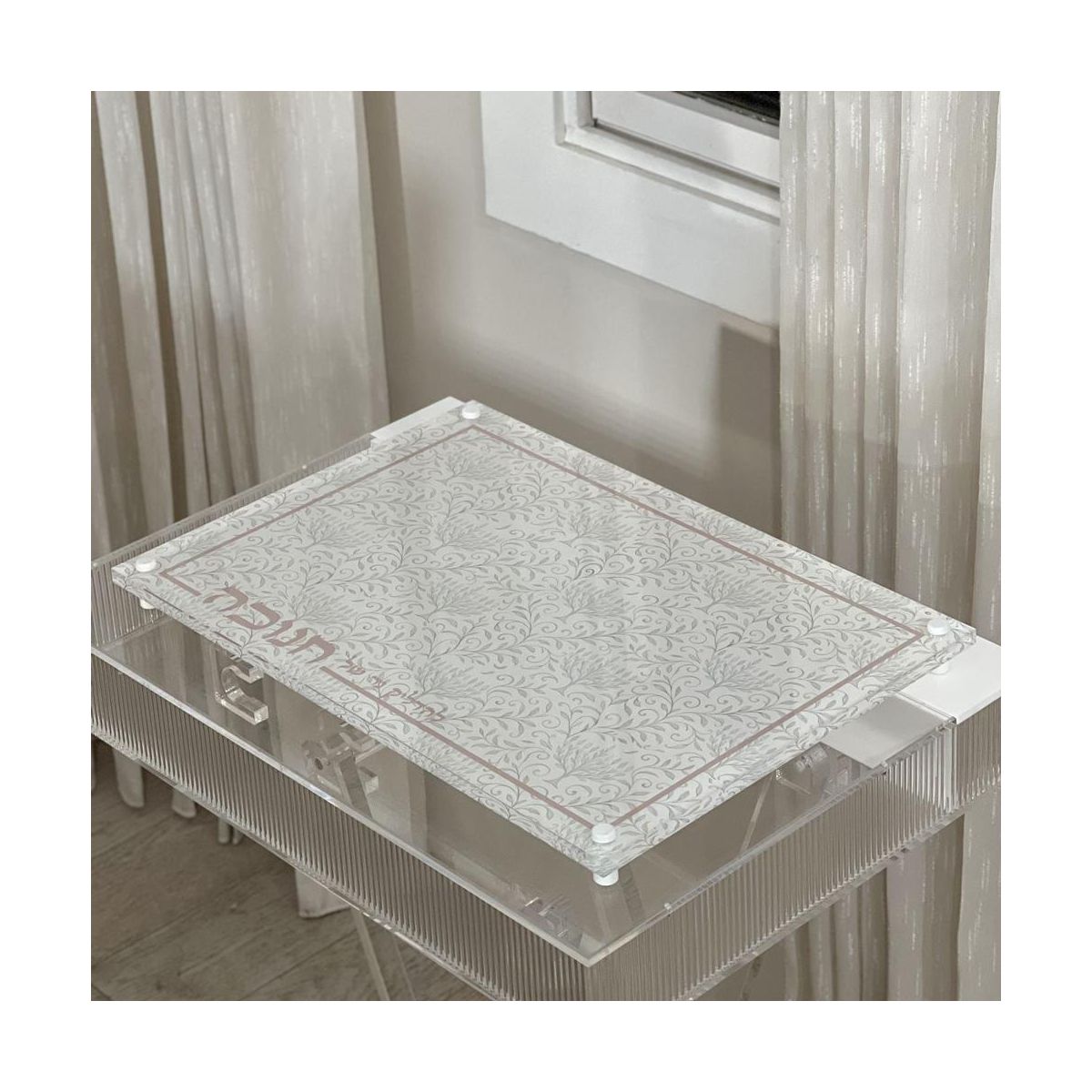 Caesarea Lucite Chanukah Tray with Menorah Vine Design, Elegant Hanukkah Candle Lighting Display - thumbnail 2