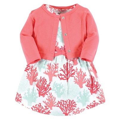 Image of Touched by Nature Girls Infant, Toddler, and Kids Organic Cotton Dress and Cardigan, Coral Reef, 6-9 Months