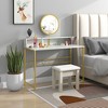 HOMCOM Modern Vanity Makeup Desk with Mirror, Dressing Table with Open Storage, Faux Marble Finish and Steel Frame for Bedroom, White and Gold - 3 of 4