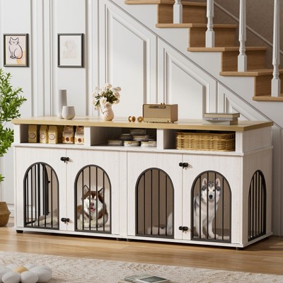 Garvee Double Dog Crate Furniture 71" Dog Kennel Furniture for 2 Medium Dogs, Heavy Duty Dogs Cage XL  with 3 Storage Shelves and 8 Adjustable Feet