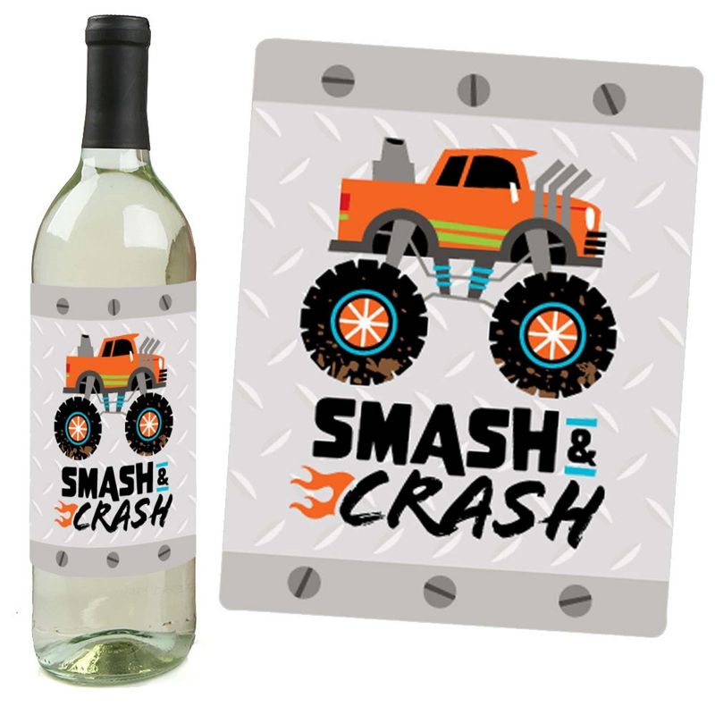 Big Dot of Happiness Smash and Crash - Monster Truck - Boy Birthday Party Decorations for Women and Men - Wine Bottle Label Stickers - Set of 4, 4 of 8