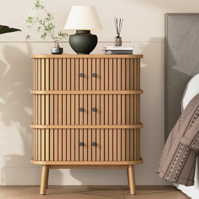 3 Drawer Dresser, Mid-Century Modern Nightstand, Wicker Chest of Drawers, Spacious Storage with Matte Black Handles