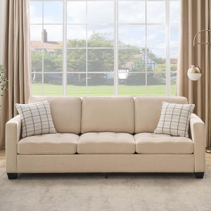 3 Seat Comfortable Sofa Couch, 89in Chenille Fabric Upholstered Sofa with Removable Headrest & Side Pocket for Living Room, Bed Room, Apartment - 1 of 4