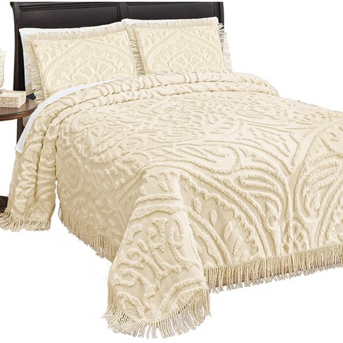 Collections Etc Paisley Medallion Chenille Fringe Bedspread Full Ivory ...