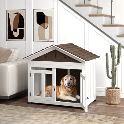 40"L Indoor/Outdoor Wooden Dog House with Air Vents, Magnetic Doors & Elevated Removable Floor ¨C Solid Wood Kennel for Small/Medium/Large Dogs