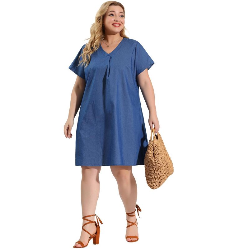 Agnes Orinda Women's Plus Size Solid Pleat Short Sleeve V Neck Chambray A Line Dresses, 3 of 7