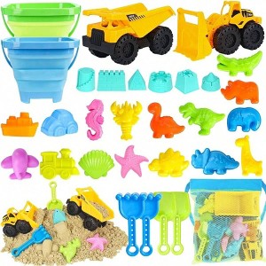 Beach Toys, 31Pcs Sand Set with 2 Vehicles, 2 Buckets, Molds, Shovel, Mesh Bag - 1 of 4