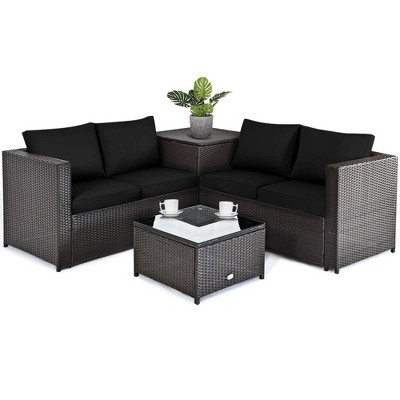 Tangkula Set of 4 Patio Rattan Furniture Set Cushioned Loveseat Storage Table Outdoor Black