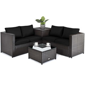 Tangkula Set of 4 Patio Rattan Furniture Set Cushioned Loveseat Storage Table Outdoor Black - 1 of 4