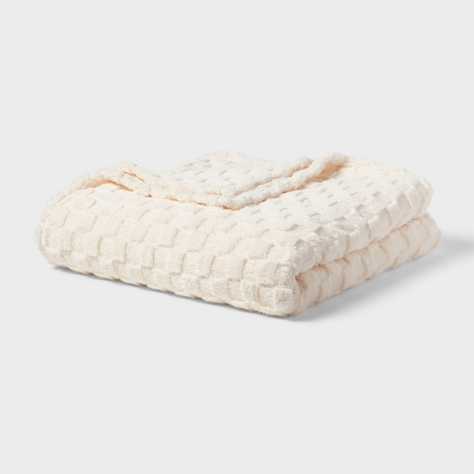 Full/Queen Checkered Jacquard Plush Blanket Blanket Ivory - Room Essentials™