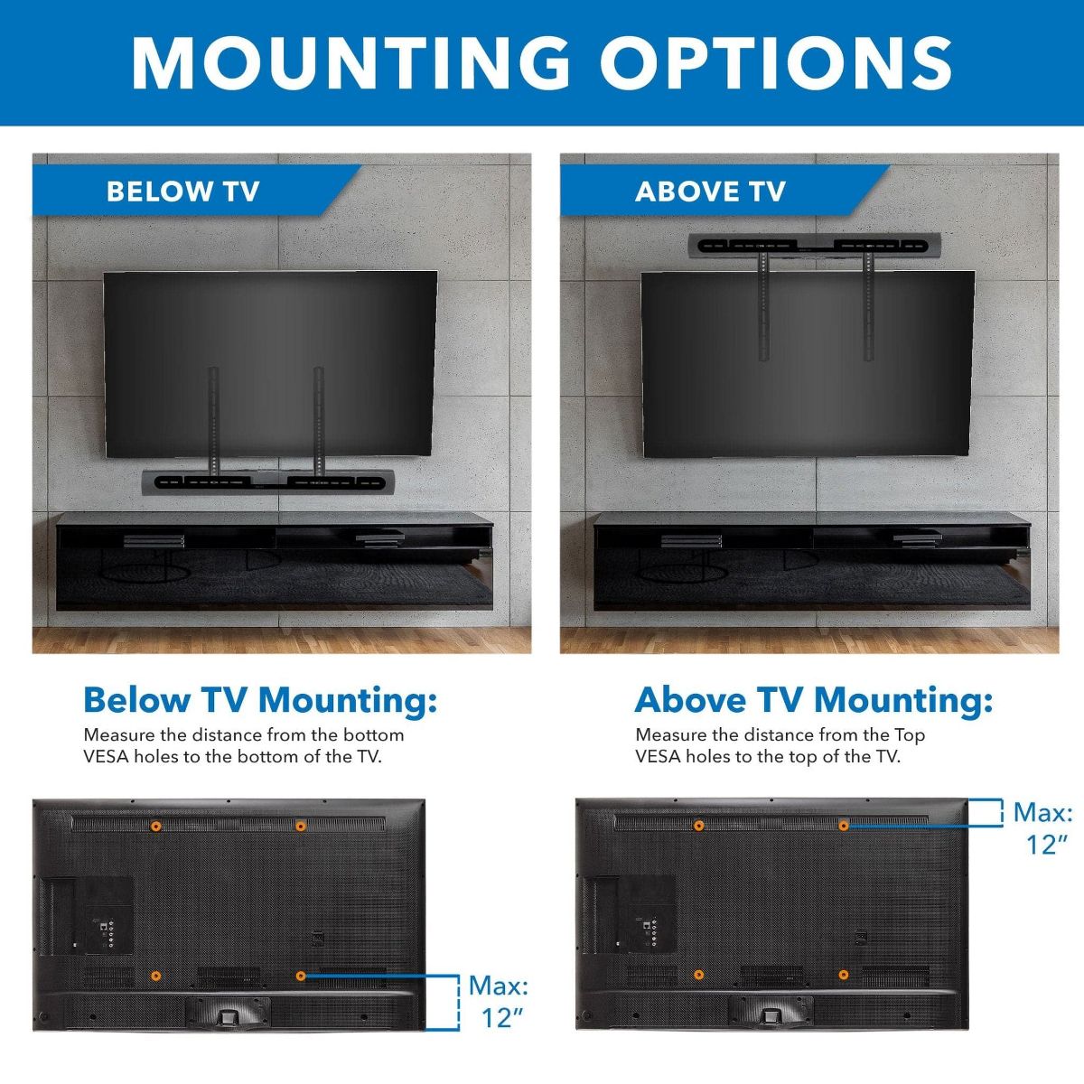 Mount-It! TV Speaker Mounting Bracket for Sonos Arc | Directional Sound All Around with TV Mount for Sonos Arc | VESA Patterns Up to 600 mm | Black - thumbnail 8