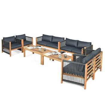 Tangkula 8PCS Acacia Wood Outdoor Patio Furniture Set Cushioned Sofa W/Nylon Rope Armrest