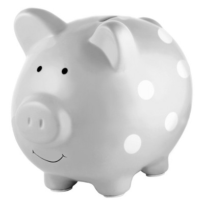 Pearhead Ceramic Piggy Bank - Gray with White Polka Dots